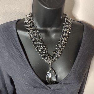 Very Pretty Black Fabric And Clear Glass Necklace 21 Inches Long